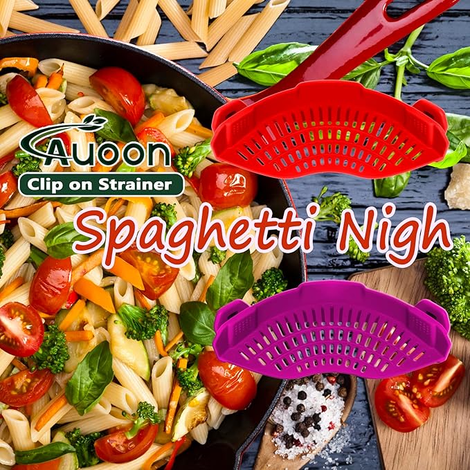 AUOON Clip On Strainer Silicone for All Pots and Pans, Pasta Strainer Clip on Food Strainer for Meat Vegetables Fruit Silicone Kitchen Colander (Purple)