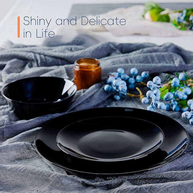 7.5 inch Appetizer Plate Set of 6, Lightweight Opal Glass Round Black Salad Plates for Dessert Kitchen, Dishwasher and Microwave Safe