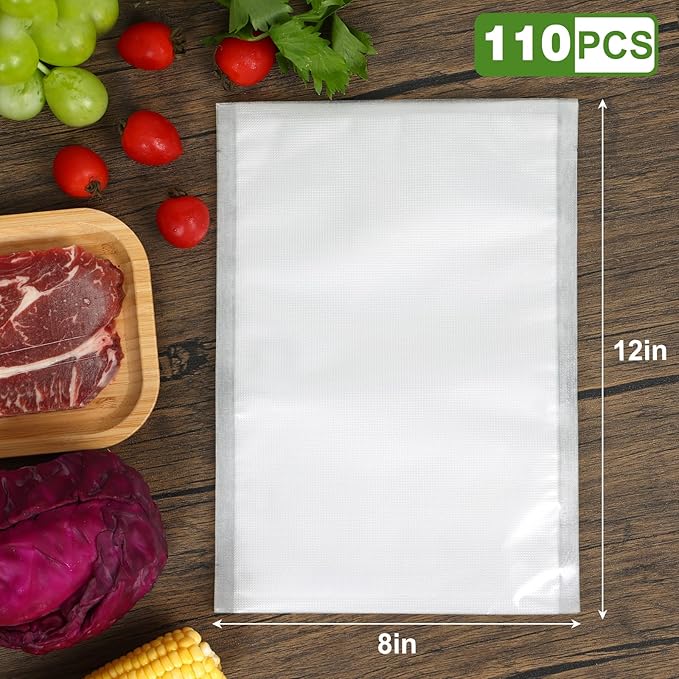 [2025 Upgraded] Moretoes 110pcs Vacuum Sealer Bags, Food Saver Bags Quart 8" x 12", BPA Free, Pre-cut Commercial Grade Vac Bags for Food Storage, Meal Prep or Sous Vide