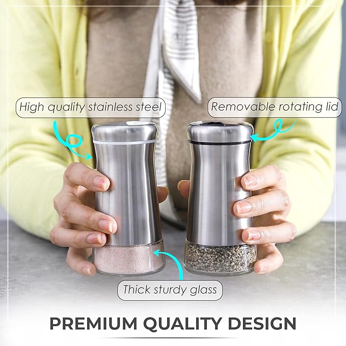 Salt and Pepper Shakers set with Adjustable Pour Holes - Elegant Stainless Steel Spice Dispenser - Perfect for Himalayan, Table Salt, White and Black Pepper (Salt & Pepper Shakers Set + Bamboo Stand)