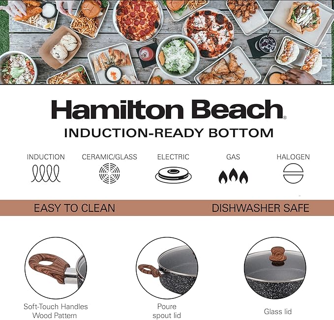 Hamilton Beach 4.5 Quart Nonstick Marble Coating Even Heating Round Beach Low Oven Pot with Glass Lid and Wooden Like Soft Touch Handle, Dutch Oven Pot, Braising, Roasting
