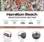 Hamilton Beach 4.5 Quart Nonstick Marble Coating Even Heating Round Beach Low Oven Pot with Glass Lid and Wooden Like Soft Touch Handle, Dutch Oven Pot, Braising, Roasting