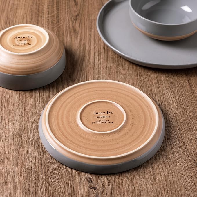 AmorArc Ceramic Dinnerware Sets for 4, 12 Pieces Handpainted Plates and Bowls Set with Rustic Terracotta Underside, Scratch Resistant Stoneware Dishes Set, Dishwasher & Microwave Safe, Gray