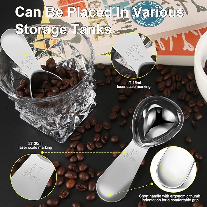 Coffee Scoop Set, Tablespoon Scoop 2 Pc Set (1 Tbsp & 2 Tbsp), Stainless Steel Measuring Spoons for Ground Coffee with Short Handles, for Tea, Sugar, or Flour