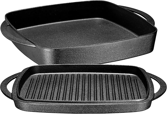 Bruntmor 2-in-1 Pre-Seasoned Cast Iron Dutch Oven with Grill Pan Lid and Handles - 11 Inch Non Stick Square Cast Iron Skillets for Braising, Grilling, and Frying - Heat-Resistant to Oven and Stovetop