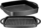 Bruntmor 2-in-1 Pre-Seasoned Cast Iron Dutch Oven with Grill Pan Lid and Handles - 11 Inch Non Stick Square Cast Iron Skillets for Braising, Grilling, and Frying - Heat-Resistant to Oven and Stovetop