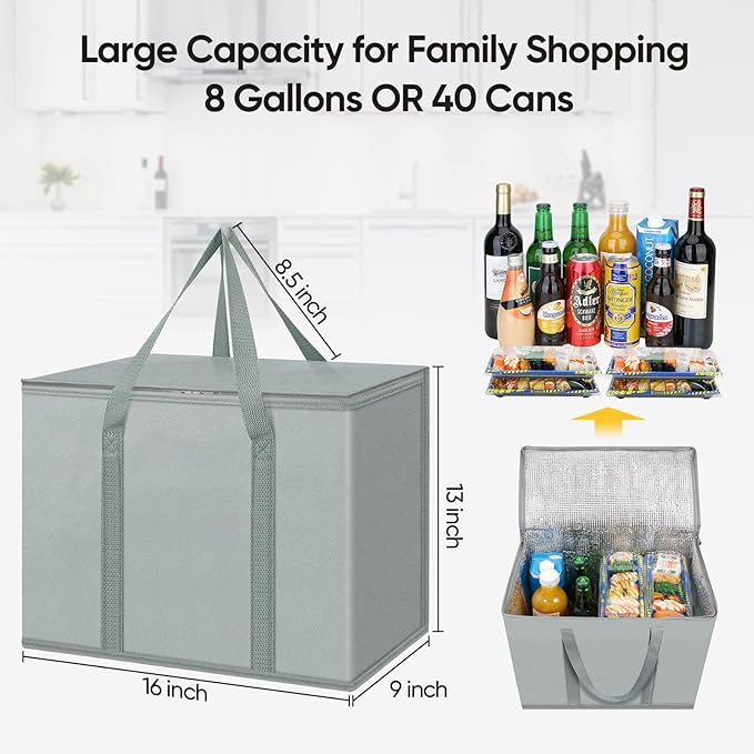 BALEINE 2Pk Insulated Reusable Grocery Bags, Collapsible Cooler Bag for Groceries, Heavy Duty Large Insulated Bag (16''x9''x13'', Urban Gray)