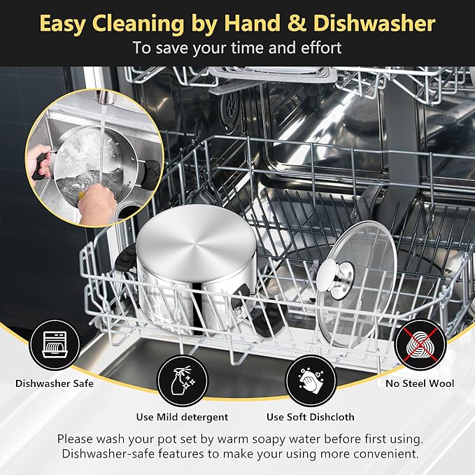 4 Quart 3-Ply Cooking Stock Pot with Lid, P&P CHEF Stainless Steel Large Pot for Pasta Soup, Work on Multi Stove, Heavy Duty & Dishwasher Safe, Dual Heat-resistant Handles & Visible Lid