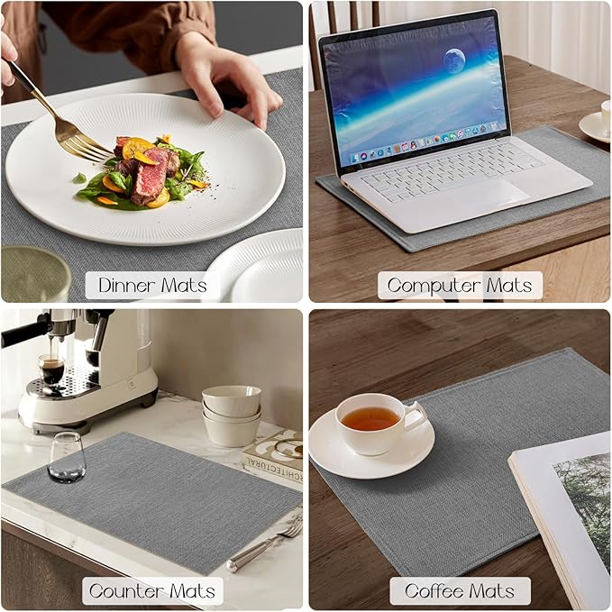 Romanstile Cloth Placemats Set of 6-12 x 18 Inch, Heat Resistant Double Layered Thickened Burlap Place Mats, Washable Faux Linen Farmhouse Table Mats for Kitchen/Dining/Party/Outdoor, Grey