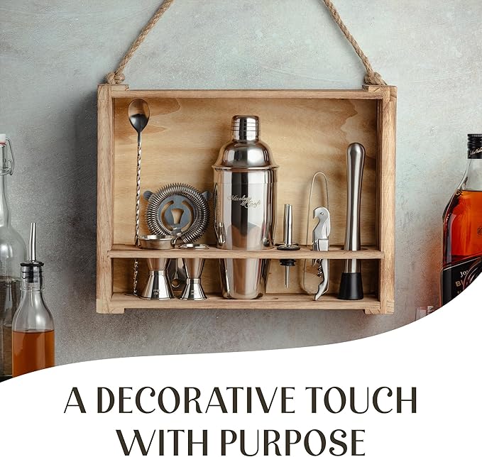 Mixology & Craft 11-Piece Cocktail Shaker Set, Bartender Kit with Stand, Stainless Steel Bar Tools, Dual Jiggers, Muddler & Pourers, Wood Display for Home Bar - Gift Ready (Silver)