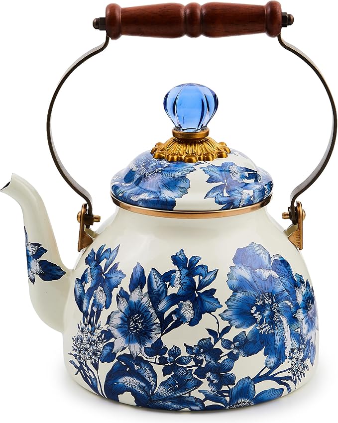 MACKENZIE-CHILDS 2-Quart Enamel Tea Kettle, Cute Tea Kettle for Stovetop, Royal English Garden