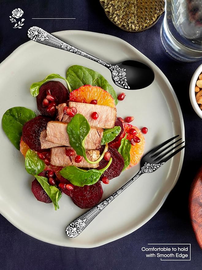 EUIRIO 24 Pieces Black Silverware Set with Steak Knives, Stainless Steel Flatware Set for 4, Black Cutlery Utensils Set, Include Spoons Forks Knives, Mirror Polished, Dishwasher Safe