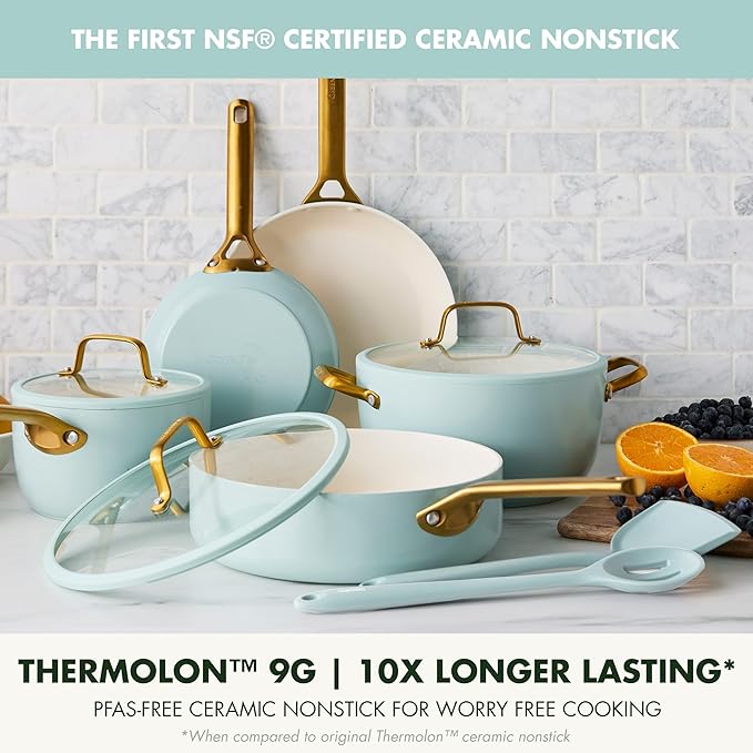 GreenPan Nonstick Reserve Pro 10 Piece Cookware Set, NSF Certified Ceramic, Hard Anodized PFAS-Free Pots & Pans Set with Lids, Stainless Steel Handles, Oven & Dishwasher Safe, Seaside Blue