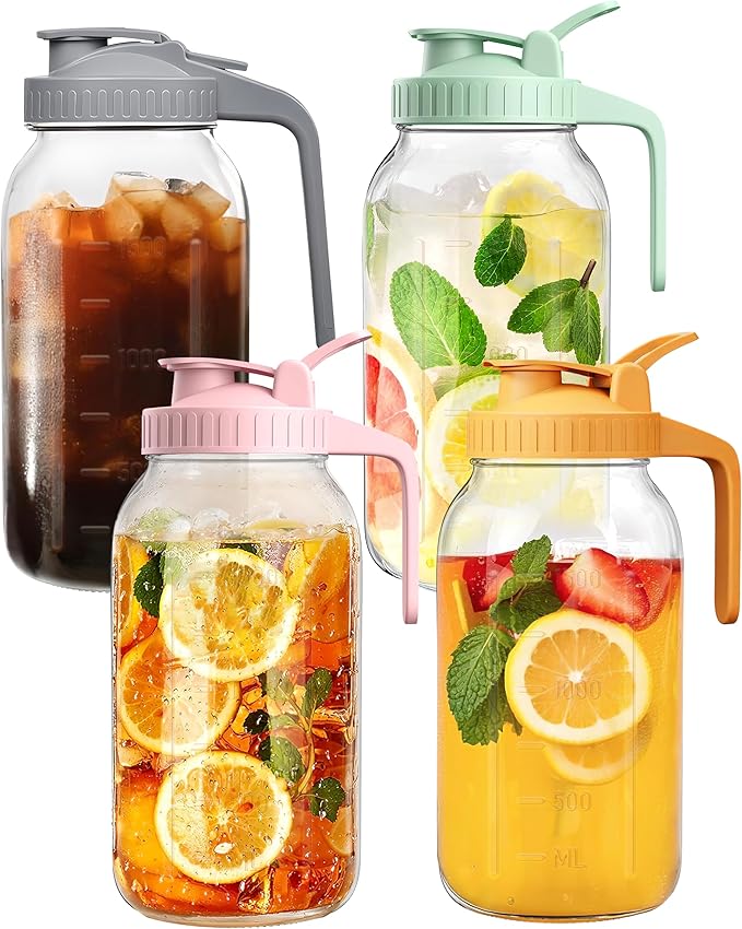 64oz Large Glass Pitcher with Lid & Spout,2 Quart Breastmilk Pitchers Upgraded Leak Proof, for Sun Tea, Iced Juice, Cold Brew Coffee, Breastmilk Storage Container-4PACK(Gray+Pink+Green+Yellow)