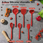 Silicone Cooking Utensils Set, Onader Red Kitchen Utensils 6 Pcs Set, Heat Resistant Kitchen Tool Kit, Nonstick Cookware Friendly & Non Toxic