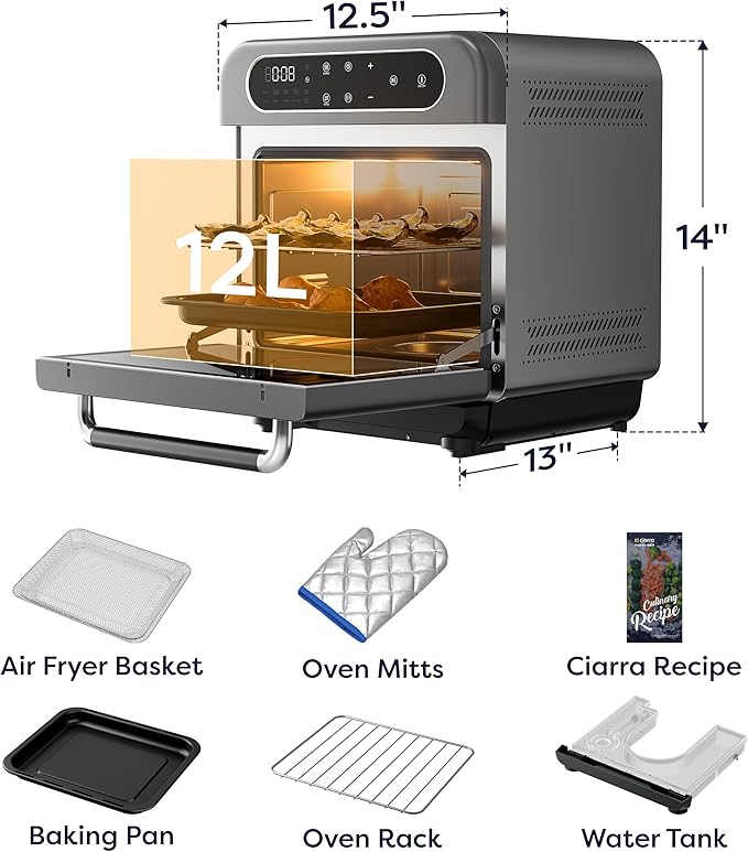 CIARRA 8-in-1 Steam Oven Countertop with Air Fryer, 13QT Mini Convection Toaster Oven with Steam, Rapid Steam, Air Fry, Vapor Bake, Steam Clean, Bake, Dried, Ferment