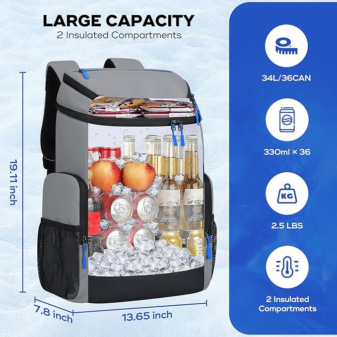 Maelstrom Backpack Cooler,36 Can Cooler Backpack,Soft Cooler Bag Insulated Leakproof,Lightweight Ice Chest Backpack,Travel Cooler Lunch Backpack for Camping,Hiking,Beach,Gray