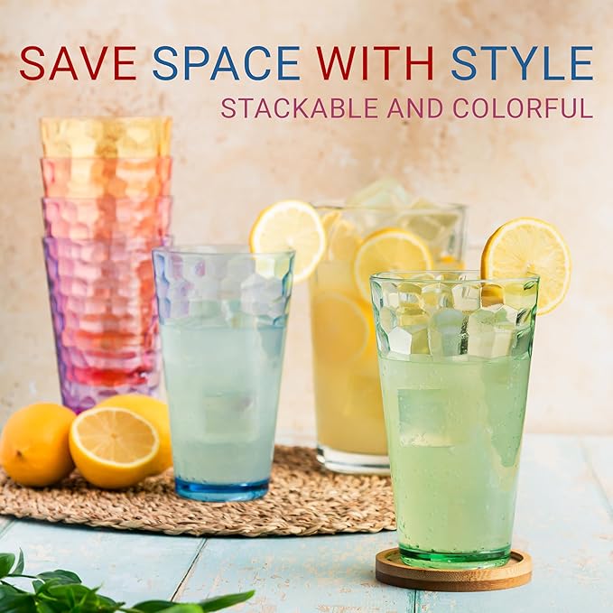 Hammered Plastic Drinking Tumbler, Dishwasher-Safe Premium Quality Water Glasses, BPA-Free Reusable Mixed Colors Assorted Stackable Cups, 22 oz Set of 6