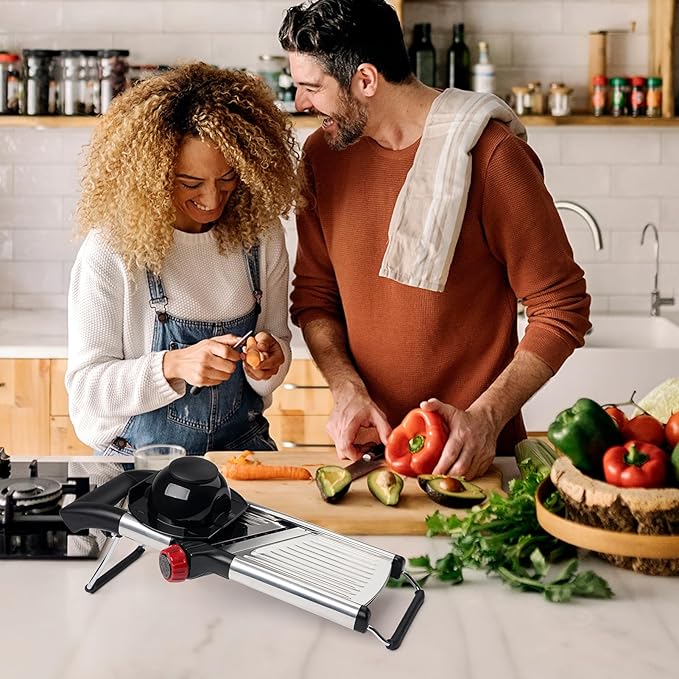 X Home Adjustable Mandoline Slicer for Kitchen, Stainless Steel Food Slicer, Vegetable Slicer for Cucumber, Potato, Carrot, Onion, Cleaning Brush & Food Pusher Included, Easy to Use & Clean