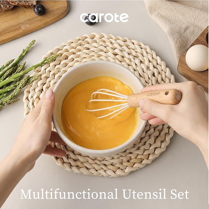 CAROTE Silicone Cooking Utensils Set, Kitchen Utensils Set 10 Pcs for cooking, BPA Free Spatula Set with Heat Resistant Wood Handles for Nonstick Cookware (Cream White)