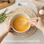 CAROTE Silicone Cooking Utensils Set, Kitchen Utensils Set 10 Pcs for cooking, BPA Free Spatula Set with Heat Resistant Wood Handles for Nonstick Cookware (Cream White)