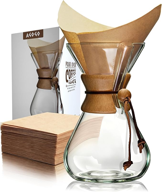 AGOGO Pour Over Coffee Maker Set Glass Coffee Maker with 50pcs Filter Paper -for Home, Office, Camping, Cafes - Easy Clean Coffee Dripper Set (Rag&Brush Included)(10 Cup/34oz)