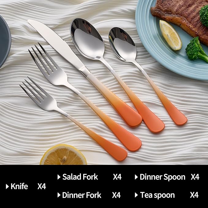 20-Pieces Color Silverware Sets for 4,Orange and white Handle Stainless Steel Cutlery Set, Include Forks Spoons and Knives Set, Dishwasher Safe Utensil Sets for Home Restaurant