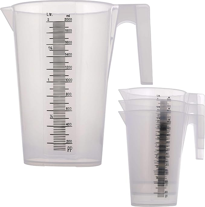 TCP Global 2 Liter (2000ml) Plastic Graduated Measuring and Mixing Pitcher (Pack of 4) - Holds Over 2 Quarts (64oz) - Pouring Cup, Measure & Mix Paint, Resin, Epoxy, Kitchen Cooking Baking Ingredients