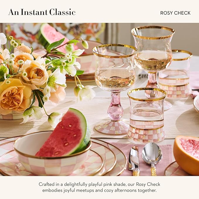 MACKENZIE-CHILDS Stemmed Wine Glass, Decorative Wine Glassware, 16 Ounces, Pink-and-White Rosy Check