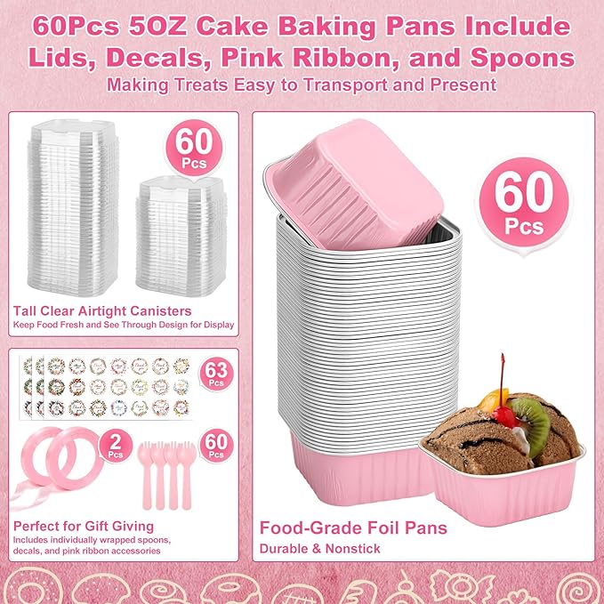 60 Pack Mini Cake Pans with Lids and Spoons, 5oz Square Aluminum Foil Loaf Pans Pink Small Cake Tins Disposable Baking Pans Dessert Cupcake Cups with Ribbon Decals for Wedding Birthday Party Picnics