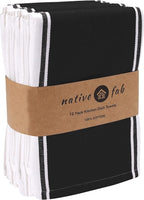 Native Fab Black Kitchen Towels 18x28 Inch, 12 Pack, Wide Stripe, Highly Absorbent, Quick Dry, Durable, Cotton Dish Towels for Wiping Hands, Drying Dishes, Counter Cleaning Dishcloth Set - Black