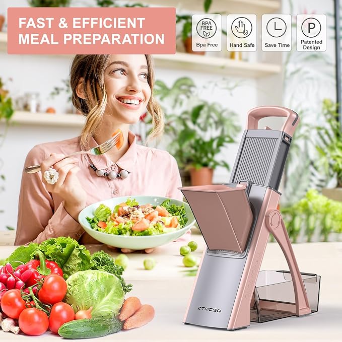 2025 [All in 1] Upgraded Version Safe Mandoline Slicer for Kitchen, Adjustable Thickness. Veggie Slicer, Rapid Prep Mandoline, Detachable Blade, with Cleaning Brush/Paring Knife (GrayPink)