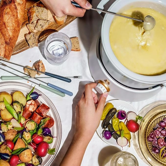 Beautiful 3-Quart Electric Fondue Set, Stainless Steel & Ceramic Insert, Nonstick, Adjustable Temp (White Icing)