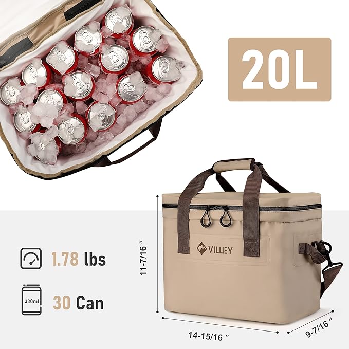 VILLEY Cooler Bag, 30 Cans Insulated Soft Cooler Bag, Large Beach Cooler with Removable Shoulder Strap, Keep Cold/Keep Fresh/Keep Warm, Portable Soft Sided Cooler for Camping Trip Picnic, 20L