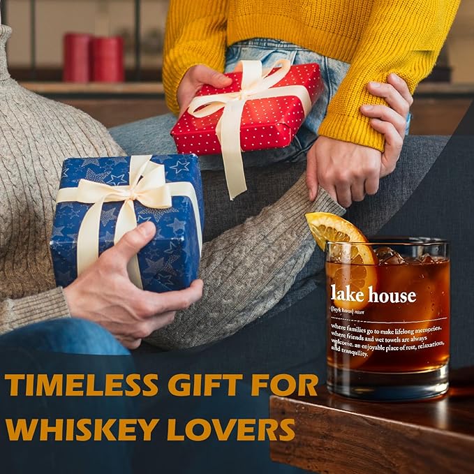 kunlisa Lake House Gifts Decor Whiskey Glasses, Lake Life Gifts for Women Men, 10 oz Drinking Rocks Glasses for Women Men Whisky Cocktail Scotch Bourbon Liquor