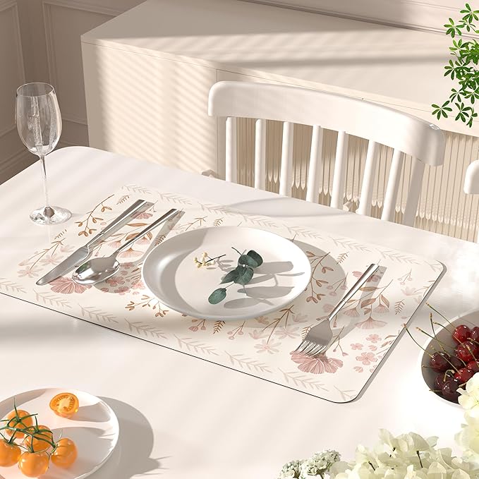 QIYI Placemats Set of 6, 12x18 Inch PU Leather Place Mats for Kitchen Dinning, Heat Resistant Anti Slip Floral Table Mats, Waterproof Wipeable Washable Placemat Party Beige Table Décor, Pink Flowers