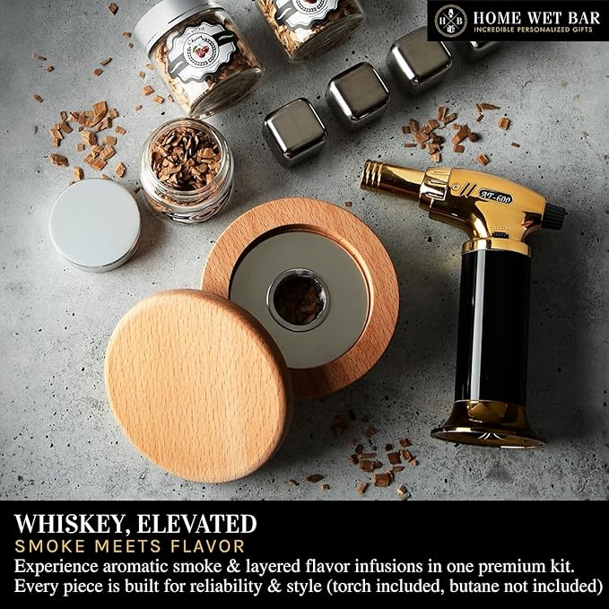 24 pc Whiskey Smoker & Cocktail Infusion Kit with Torch | Ultimate Whiskey Making Set | Smoker Top, Infusion Bottle, 8 Botanicals, Stones & Wood Chips