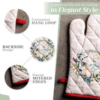 Maison d' Hermine 100% Cotton Oven Mitt & Pot Holder Set (7.5"x13" & 8"x8") Heat Resistant BBQ Cooking Gloves with Loop, Baking, Grilling, Kitchen, Handling Hot Pans (Holly Time)