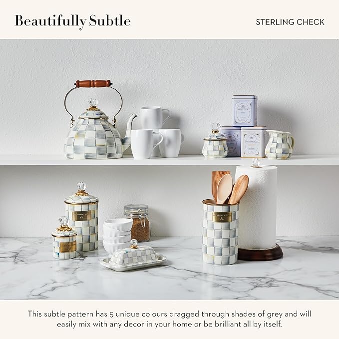 MACKENZIE-CHILDS Large Enamel Canister, Kitchen Storage Container for Flour and Sugar, 1.89 Liters, Grey-and-White Sterling Check