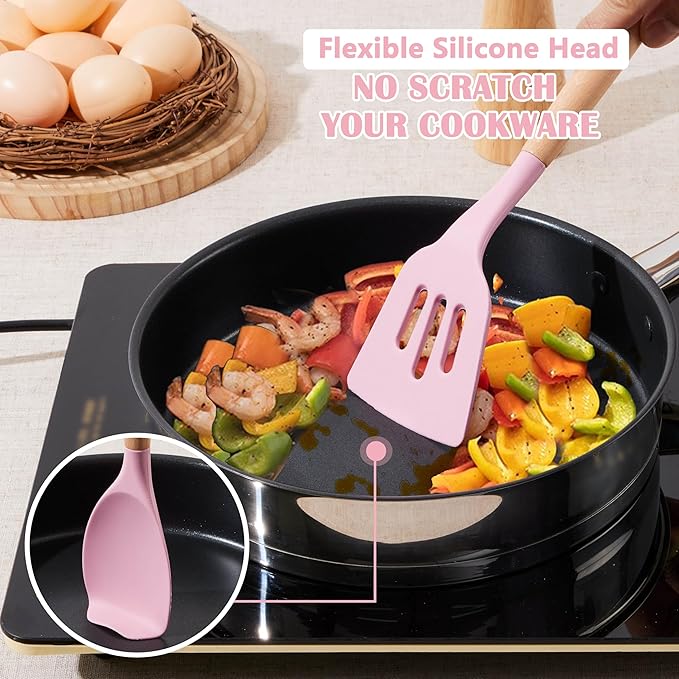 E-far Silicone Cooking Utensils Set, 5-Piece Kitchen Utensils Set with Wooden Handle for Cooking, Silicone Kitchen Nonstick Tools Spatula Turner Slotted Spoons, Nontoxic & Heat Resistant-Pink