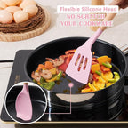 E-far Silicone Cooking Utensils Set, 10-Piece Kitchen Utensils Set with Wooden Handle for Cooking, Non-toxic Silicone Kitchen Nonstick Tools Spatula Whisk Tongs Ladle, Heat Resistant & Health, Pink