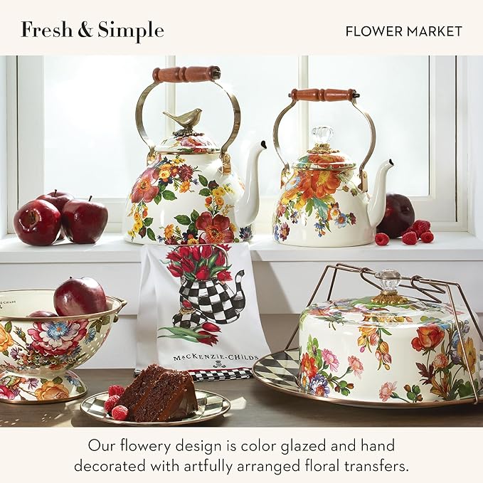 MACKENZIE-CHILDS Enamel Tea Kettle, Cute Kitchen Kettle for Stovetop, 3-Quart Capacity, White Flower Market with Bird Topper