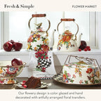 MACKENZIE-CHILDS Enamel Tea Kettle, Cute Kitchen Kettle for Stovetop, 3-Quart Capacity, White Flower Market with Bird Topper