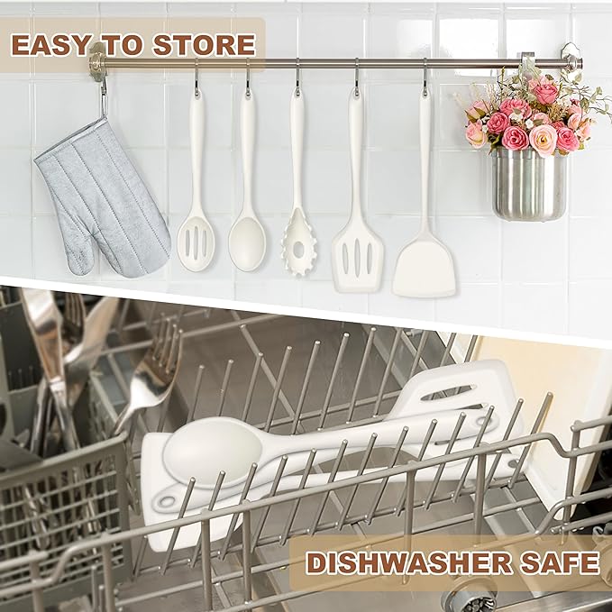 TeamFar Silicone Cooking Utensils Set of 5, Kitchen Utensils Solid & Slotted Spoons Turners Pasta Server for Nonstick Cookware, Healthy & Heat-Resistant, Seamless & Non-Scratch, Dishwasher Safe, White