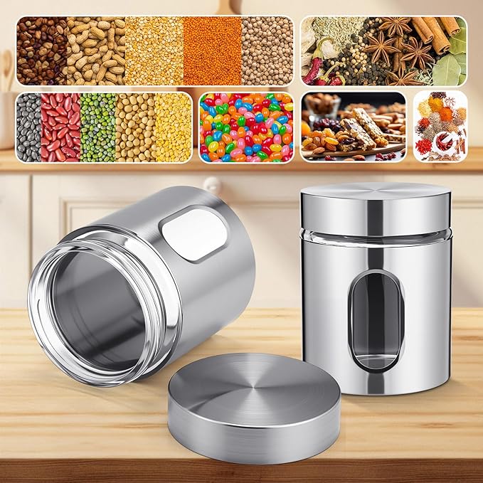 3 Pcs Stainless Steel Canister Set with Glass Windows Visible Storage Jars Silver Kitchen Canister Set for Pasta Flour Oat Sugar Container, Kitchen Tools, Housewarming Gifts (20 oz)