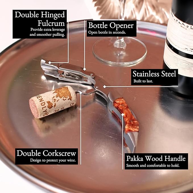 Barvivo Gold Resin Wine Opener with Foil Cutter Knife and Cap Remover, Double Hinged Manual Wine Key for Bartenders, Servers, Waiters, Stainless Steel Wine Bottle Opener Corkscrew