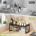 DOLALIKE Expandable kitchen Countertop Organizer, Stackable Cabinet Shelf Organizers, Space Saving Spice Rack Pantry Storage for Bathroom Office Organization (Black, 2 Pack)