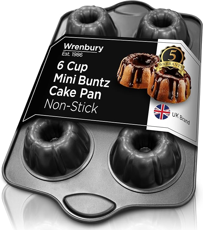 Wrenbury Nonstick Mini Buntz Cake Pan Non Stick for Baking - 6 Cup Bundtlette Fluted Cake Tin for Small Cakes - PFOA Free and Dishwasher Safe - 3.75” Cup Width