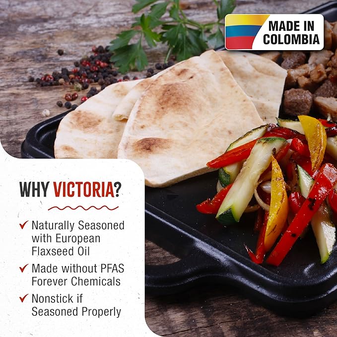 Victoria Rectangular Cast Iron Griddle. Double Burner Griddle, Reversible Griddle Grill, 13 x 8.5 Inch, Seasoned with 100% Kosher Certified Non-GMO Flaxseed Oil, Model: GDL-189