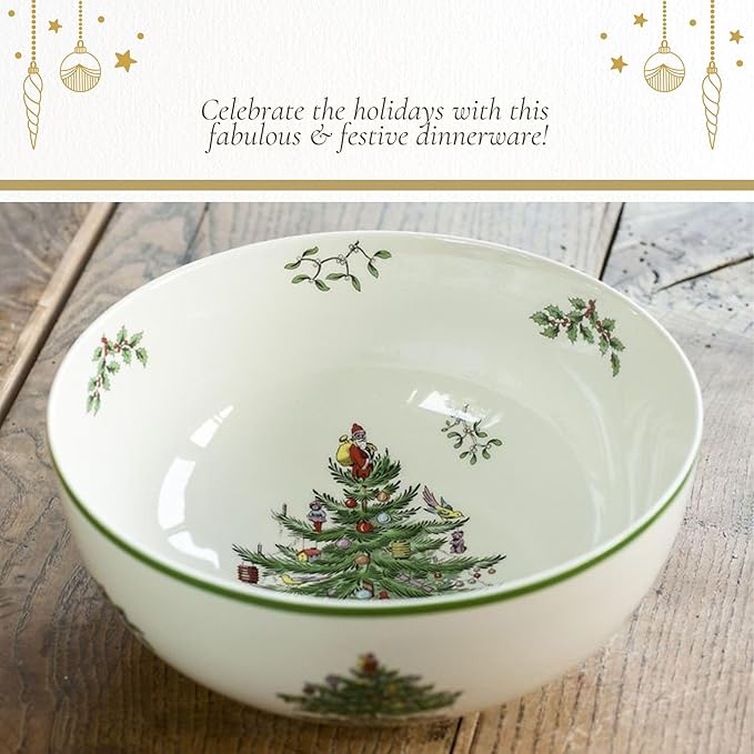Spode Christmas Tree Individual Fruit Bowl - 7 Inch Porcelain Oatmeal, Salad, Soup, Cereal, Breakfast, Dessert Bowl - Durable, Stackable, Microwave & Dishwasher Safe - Decorative Holiday Design